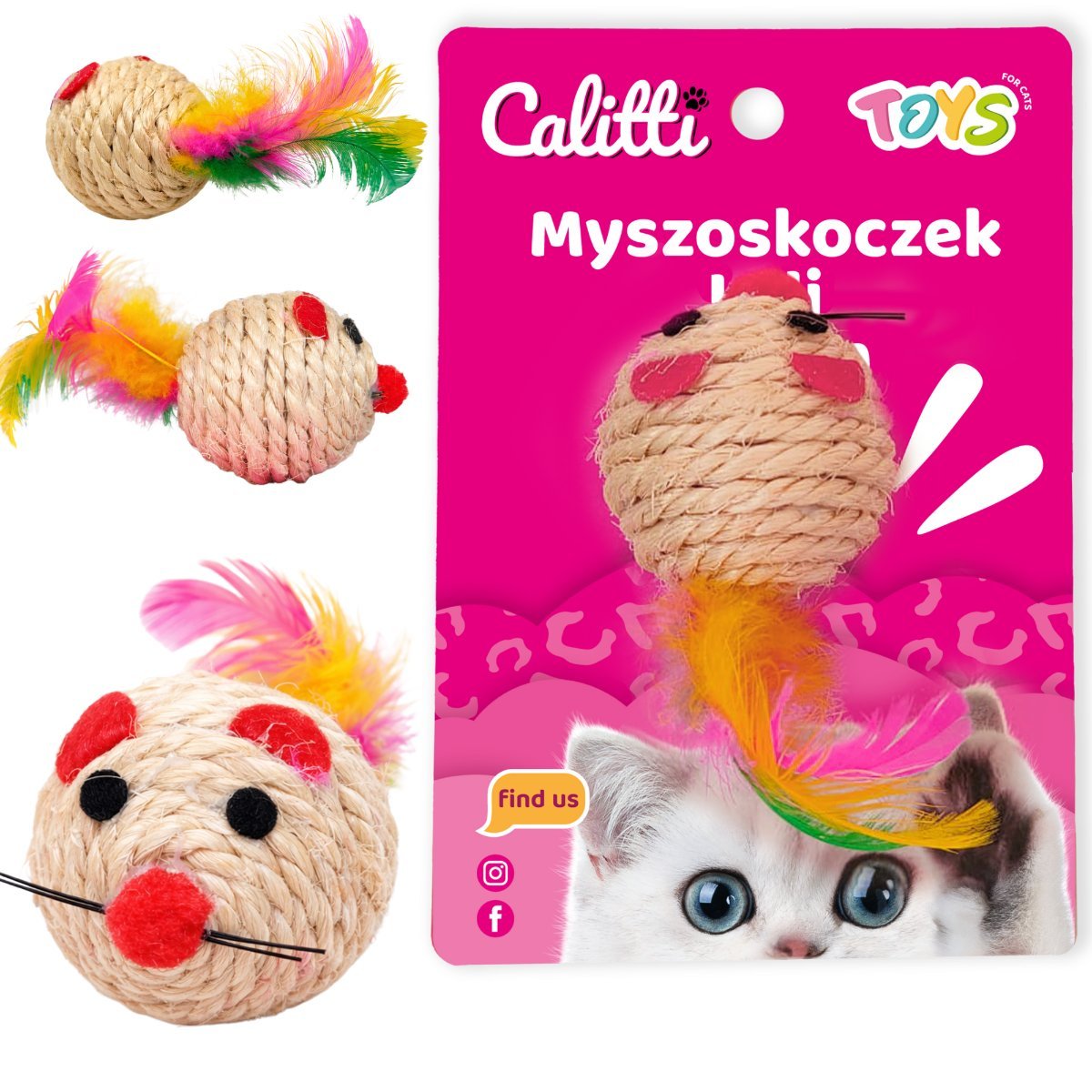 Zabawka dla kota piłka mysz z piórkami Calitti Myszoskoczek Lali