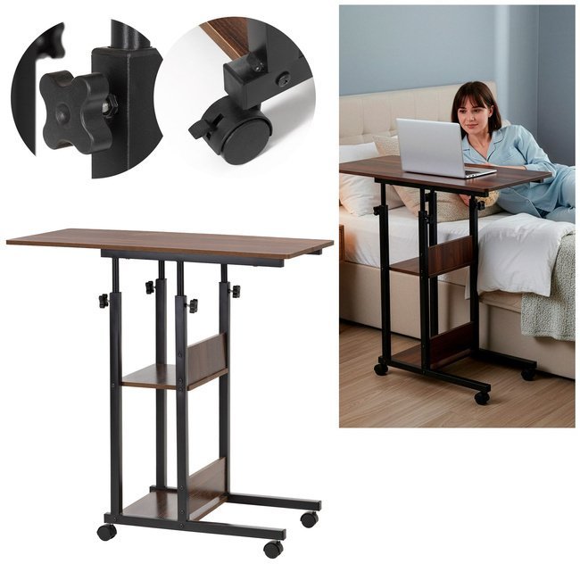 Springos Stolik na kółkach regulowane 76-86 cm biurko mobilny pod laptopa ciemno-brązowy uniwersalny