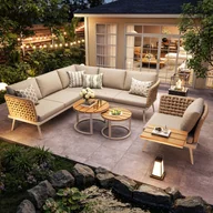Meble ogrodowe - Zestaw mebli ogrodowych, meble z rattanu PE dla 6-8 osób - sofa narożna - ocynkowane żelazo - 1 fotel - składany stolik kawowy, beżowy - miniaturka - grafika 1