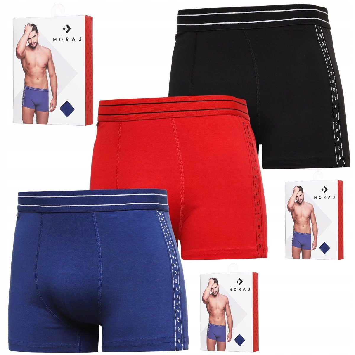 Bokserki Męskie Bawełniane Gładkie KLASYCZNE KOLOROWE MORAJ ZESTAW 3-PAK M