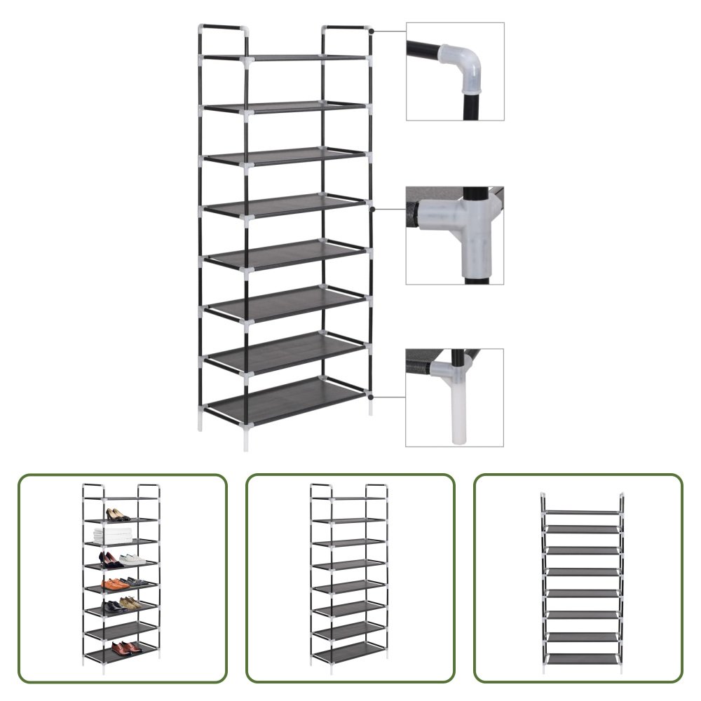 The Living Store Stojak na buty z 8 półkami, metal i włóknina, czarny