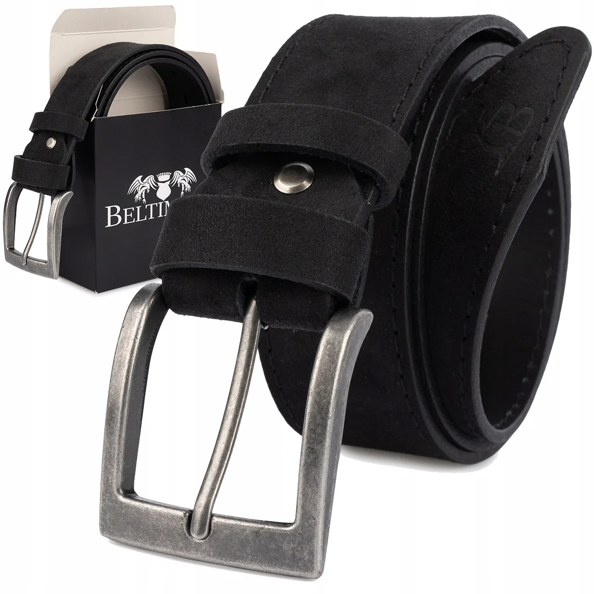Pasek męski skórzany zamszowy szeroki 4cm klasyk czarny premium Beltimore