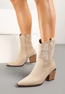 Botki damskie - Ciemnobeżowe Botki Kowbojki Vices na Stożkowym Obcasie z Haftem Talfedi - miniaturka - grafika 1