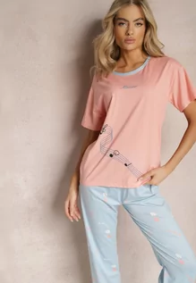 Piżamy damskie - Różowy Komplet Piżamowy Góra z Nadrukiem i Spodnie o Prostym Kroju Rellina - grafika 1