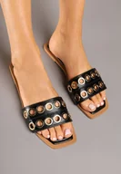 Klapki i japonki damskie - Czarne Klapki Ozdobione Nitami Meralina - miniaturka - grafika 1