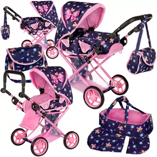 Kinderplay Wózek dziecięcy 3w1 - granatowy w kwiatki KP0200I - Wózki dla lalek - miniaturka - grafika 1
