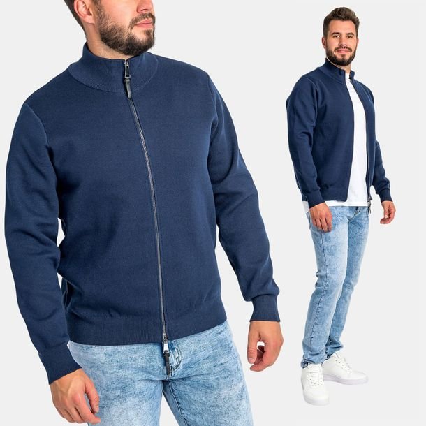 Sweter Męski Ze Stójką Gładki Zapinany Na Zamek Ciepły Stylowy Granat M