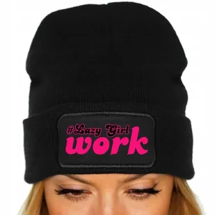 CZAPKA Jesienna BAWEŁNIANA ZIMOWA Ciepła CZARNA BEANIE #LAZY GIRL WORK - Czapki dla dzieci - miniaturka - grafika 1