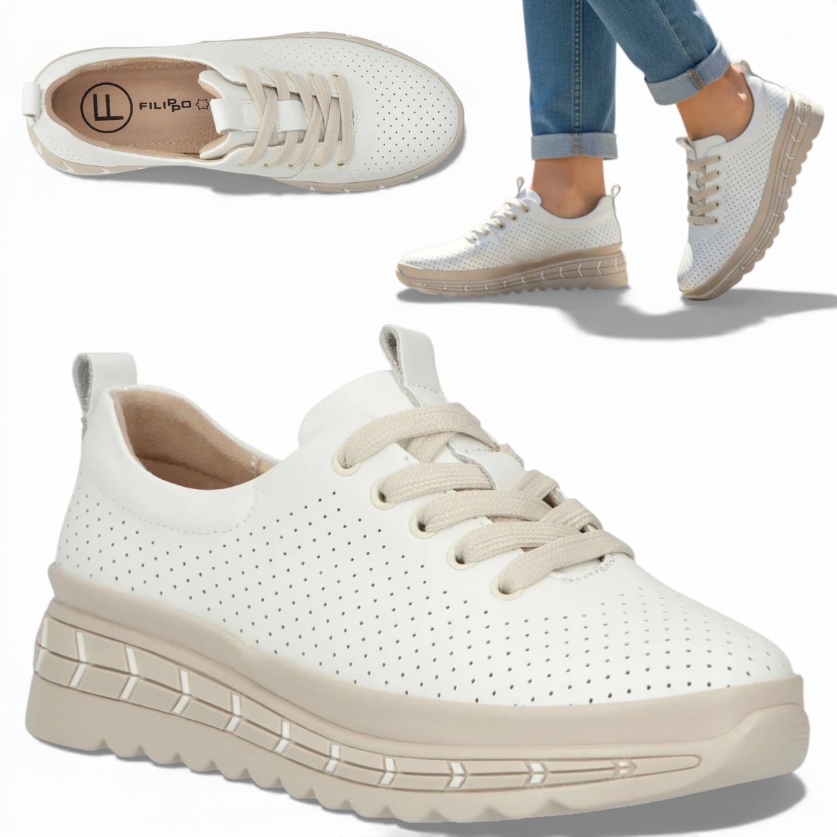 Sneakersy Damskie SKÓRZANE FILIPPO Wygodne Półbuty Białe na Platformie 36