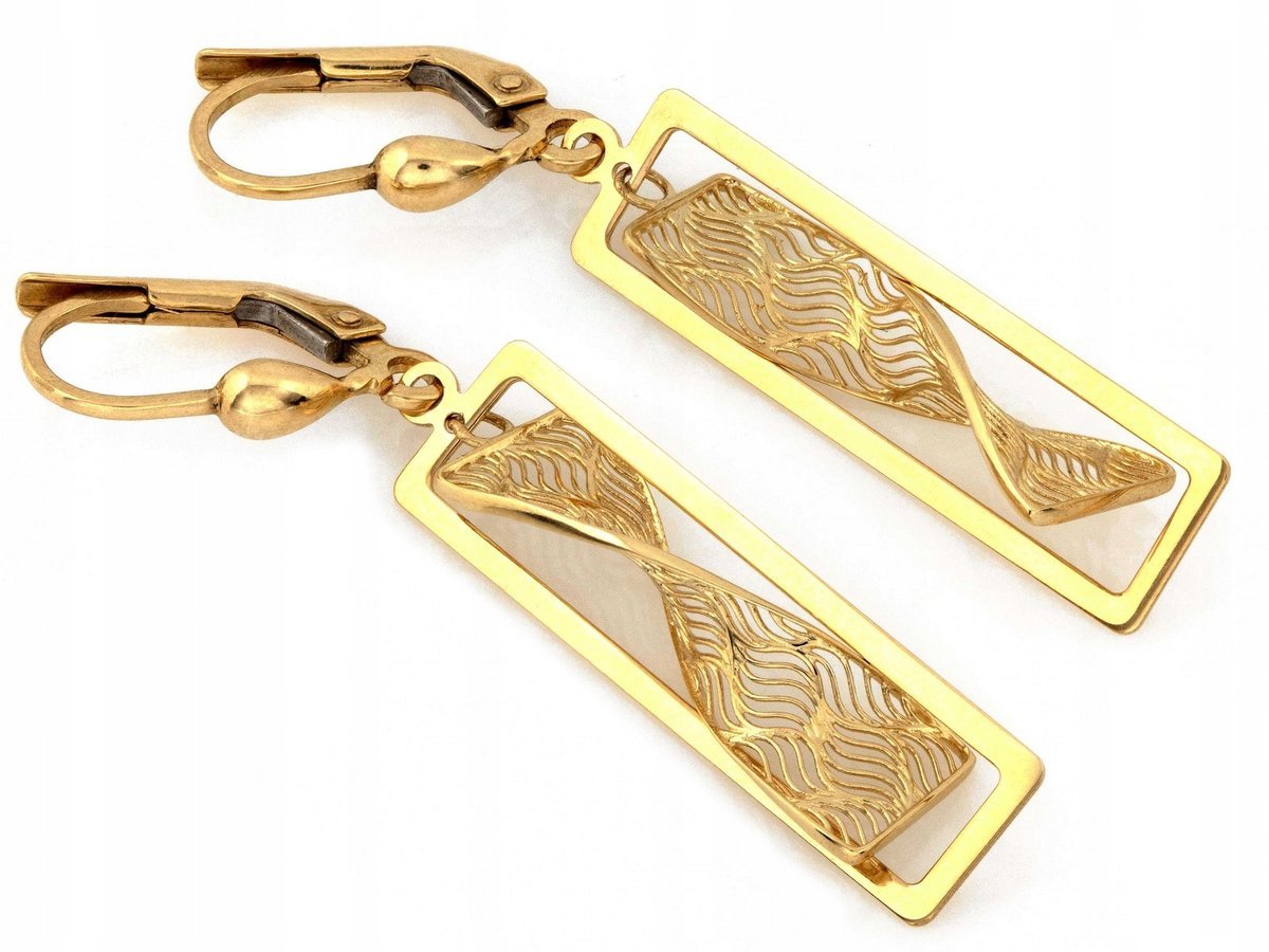 Wiszące złote 585 14kt kolczyki prostokąty z ażurowym świderkiem 2.60g