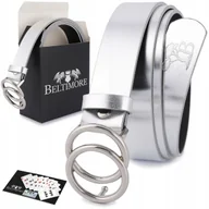 Paski - Skórzany pasek damski do spodni sukienki koła klasyczny srebrny Beltimore B05 granatowy r.105-125 cm - miniaturka - grafika 1