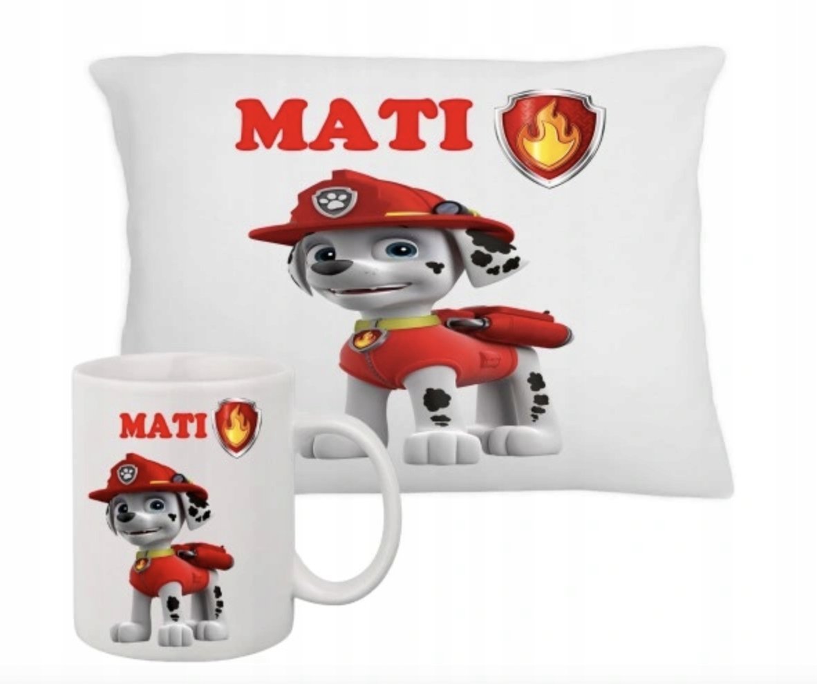 ZESTAW PODUSZKA + KUBEK Prezent PSI PATROL MARSHALL PIESEK + IMIĘ 25