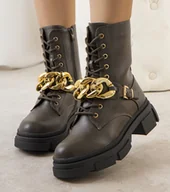 Botki damskie - Zielone traperki z łańcuchem Iversen-39 - miniaturka - grafika 1