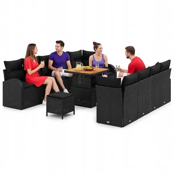 Zestaw sof ogrodowych z poduszkami, czarny, 4 osoby, rattan