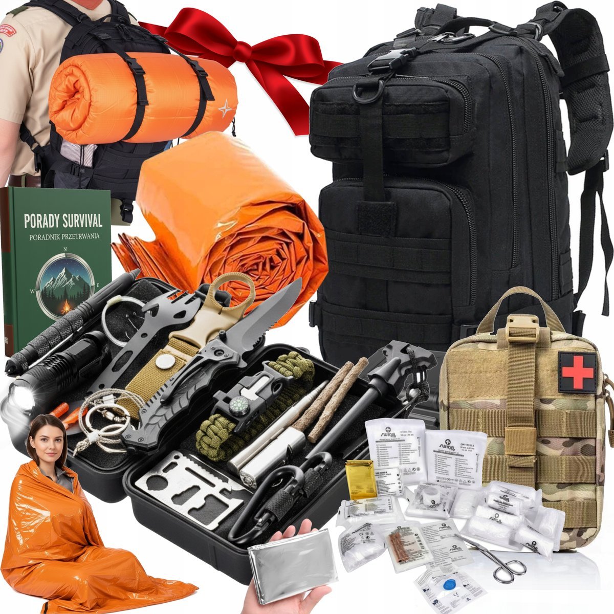 Duży Zestaw Przetrwania 74W1 Śpiwór Apteczka Plecak 35L Turystyczny XXL