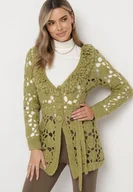 Swetry damskie - Zielony Kardigan z Ażurowym Zdobieniem i Wiązanym Paskiem Sabelia - miniaturka - grafika 1