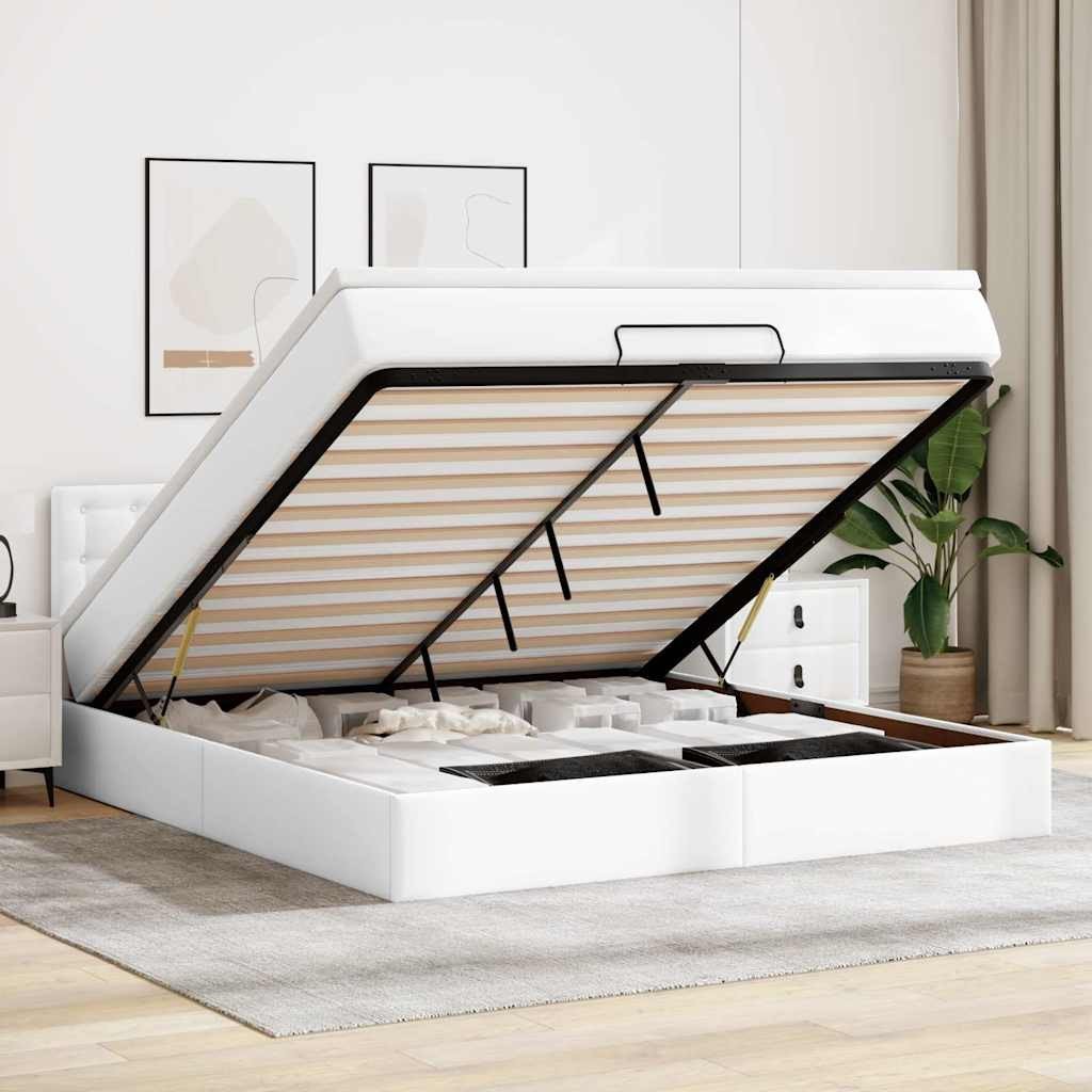 vidaXL Łóżko otomana z materacami i LED, biała, 160x200cm, ekoskóra
