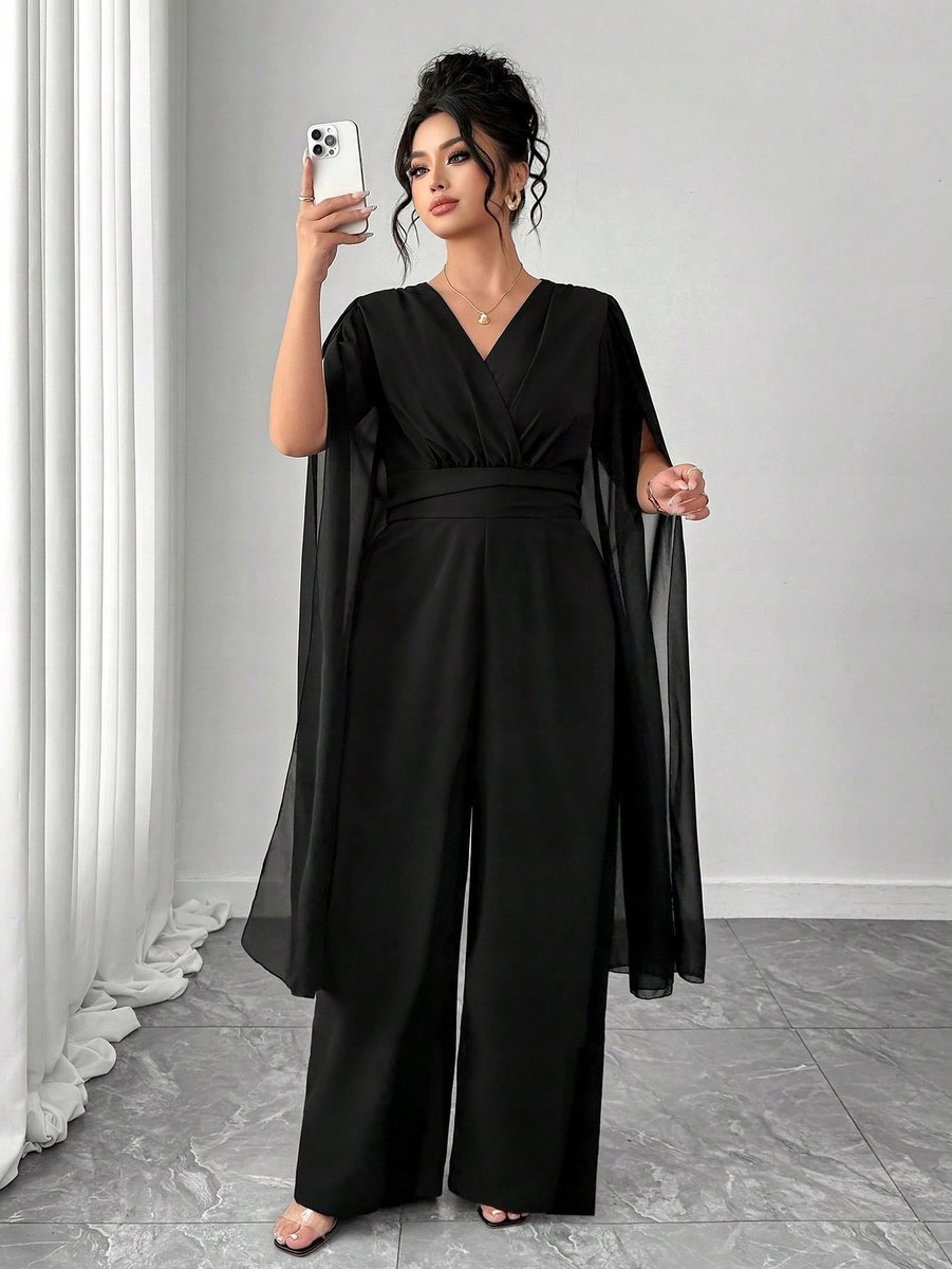 SHEIN CZARNY ELEGANCKI KOMBINEZON Z FALBANAMI NA RĘKAWACH 48 1MA