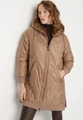 Kurtki damskie - Jasnobrązowa Pikowana Kurtka Przejściowa z Kapturem i Ściągaczami Fesarena - miniaturka - grafika 1