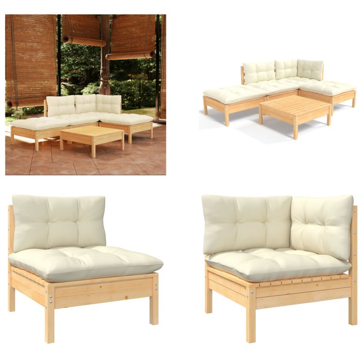 vidaXL 5-częściowy zestaw wypoczynkowy do ogrodu z kremowymi poduszkami z drewna sosnowego - Zestaw wypoczynkowy do ogrodu - Zestawy wypoczynkowe do ogrodu - Zestaw mebli ogrodowych - Zestawy mebli ogrodowych