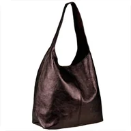 Plecaki worki - Torebka worek skórzana shopper brąz czekolada metaliczna - miniaturka - grafika 1