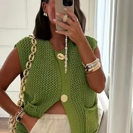 Inne - TEMU Kobiety Casual Bezrękawnik z Dzianiny z Dużym Guzikiem i Kieszeniami - Lekki Poliestrowy Kardigan na Wiosnę//Jesień - Zielony, Dziany Kardigan - miniaturka - grafika 1