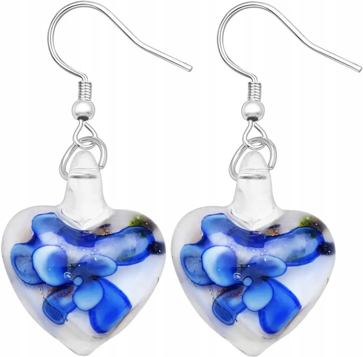 Kolczyki Serca Szklane Granatowe Kwiaty Modne Stylowe Eleganckie Sztyft