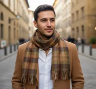 Apaszki i szaliki męskie - Szalik Męski Brązowy Karmelowy Kratka Wełna - miniaturka - grafika 1