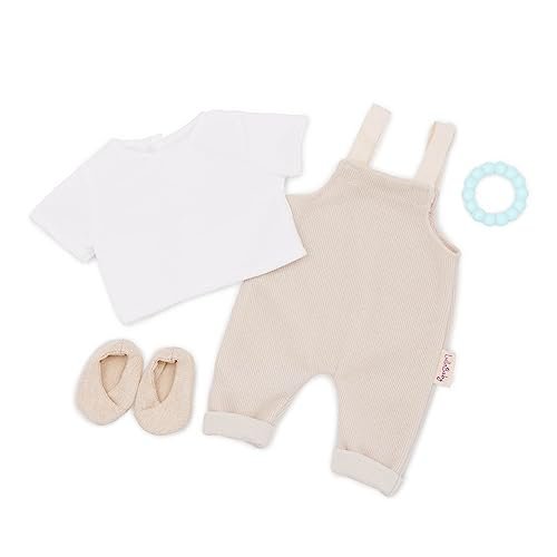 LullaBaby LBY7675Z ubranie dla lalek, jednoczęściowe ubranie 36 cm, top, buty i gryzak, akcesoria dla lalek, akcesoria dla lalek, zabawka dla dzieci od 2 lat, beżowa, wielokolorowa