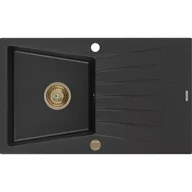 Zlewozmywaki - Mexen Cesar zlewozmywak granitowy 1-komorowy z ociekaczem 775 x 470 mm, czarny/srebrny metalik, syfon złoty - miniaturka - grafika 1