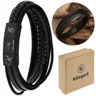 Bransolety męskie - BLINGART Bransoletka skórzana MĘSKA POTRÓJNE ZAPIĘCIA CZARNA GRAWER - miniaturka - grafika 1