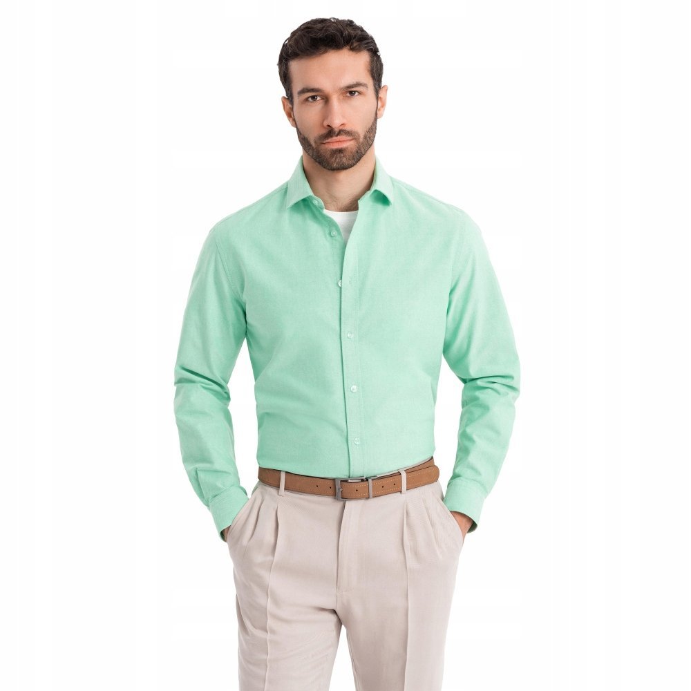 Elegancka pastelowa koszula męska typu oxford miętowa OM-SHOS-0183 V4 r M