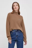 Swetry damskie - Lacoste sweter wełniany damski kolor brązowy z półgolfem - miniaturka - grafika 1