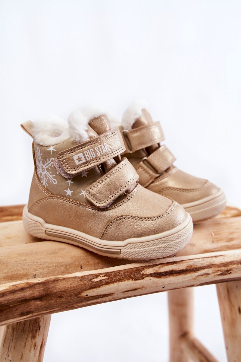 Dziecięce Ocieplane Botki Na Rzepy Big Star KK374189 Beżowo-Złote-24