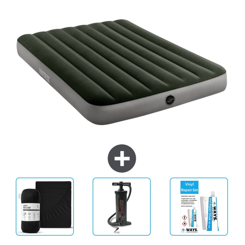 Łóżko powietrzne Intex - Łóżko podwójne - 137 x 191 x 25 cm - Zielony - Zawiera prześcieradło - Pompka i zestaw naprawczy