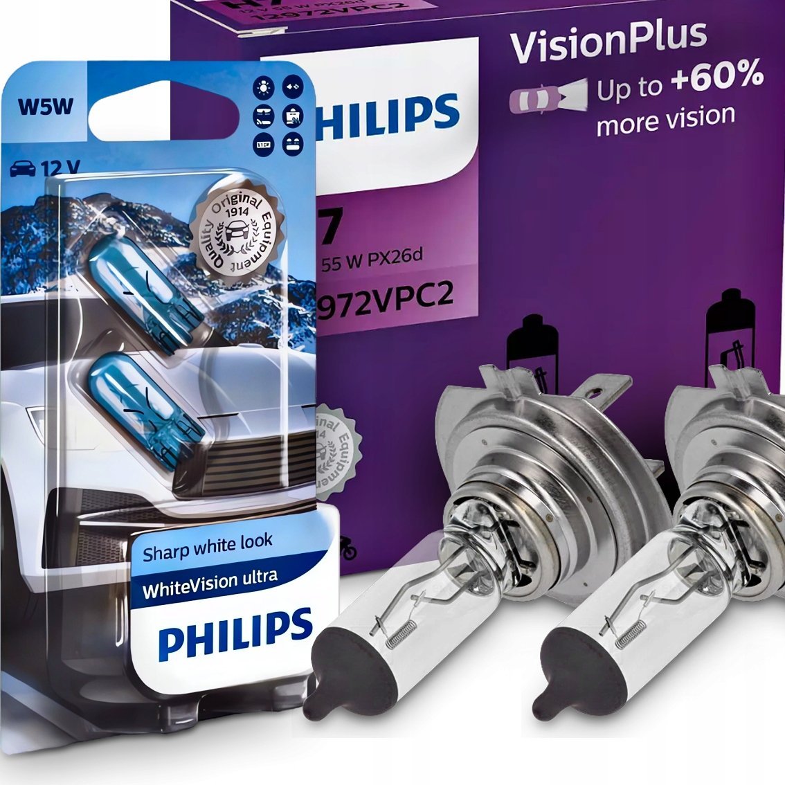 Żarówki H7 Philips Vision Plus 60 12V 60/55W + W5W White Vision Ultra