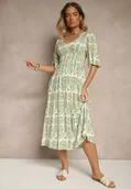 Sukienki - Zielono-Kremowa Sukienka Boho Rozkloszowana z Wiskozy z Odkrytymi Plecami Tuvria - miniaturka - grafika 1