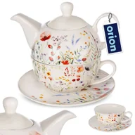 Filiżanki - Dzbanek z filiżanką do herbaty zestaw porcelanowy biały 3-ele MAKI ORION 129662 - miniaturka - grafika 1