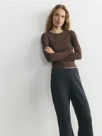 Koszulki i topy damskie - Reserved - Longsleeve z modalem - brązowy - miniaturka - grafika 1