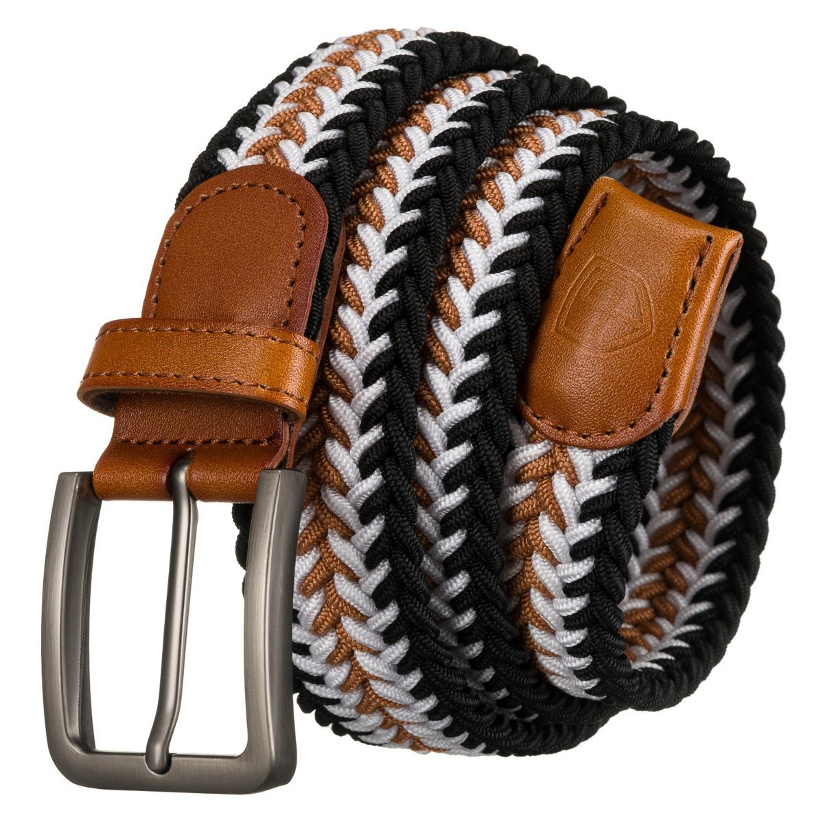 Pasek męski do spodni szeroki parciany czarny biały brązowy PETERSON pleciony bez dziurek klasyczna klamra wykończony skórą naturalną 110