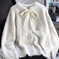 Swetry damskie - TEMU Damski 2025 Nowy Jesień/ Leniwy Styl Gruby Miękki Kardigan, Koreański Design Sweter z Wiązaniem Otwarty Przód - miniaturka - grafika 1