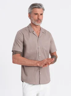 Koszula męska z krótkim rękawem i kubańskim kołnierzem - ciemnobeżowa V3 OM-SHSS-0168 - Ombre Clothing - Koszule męskie - miniaturka - grafika 1