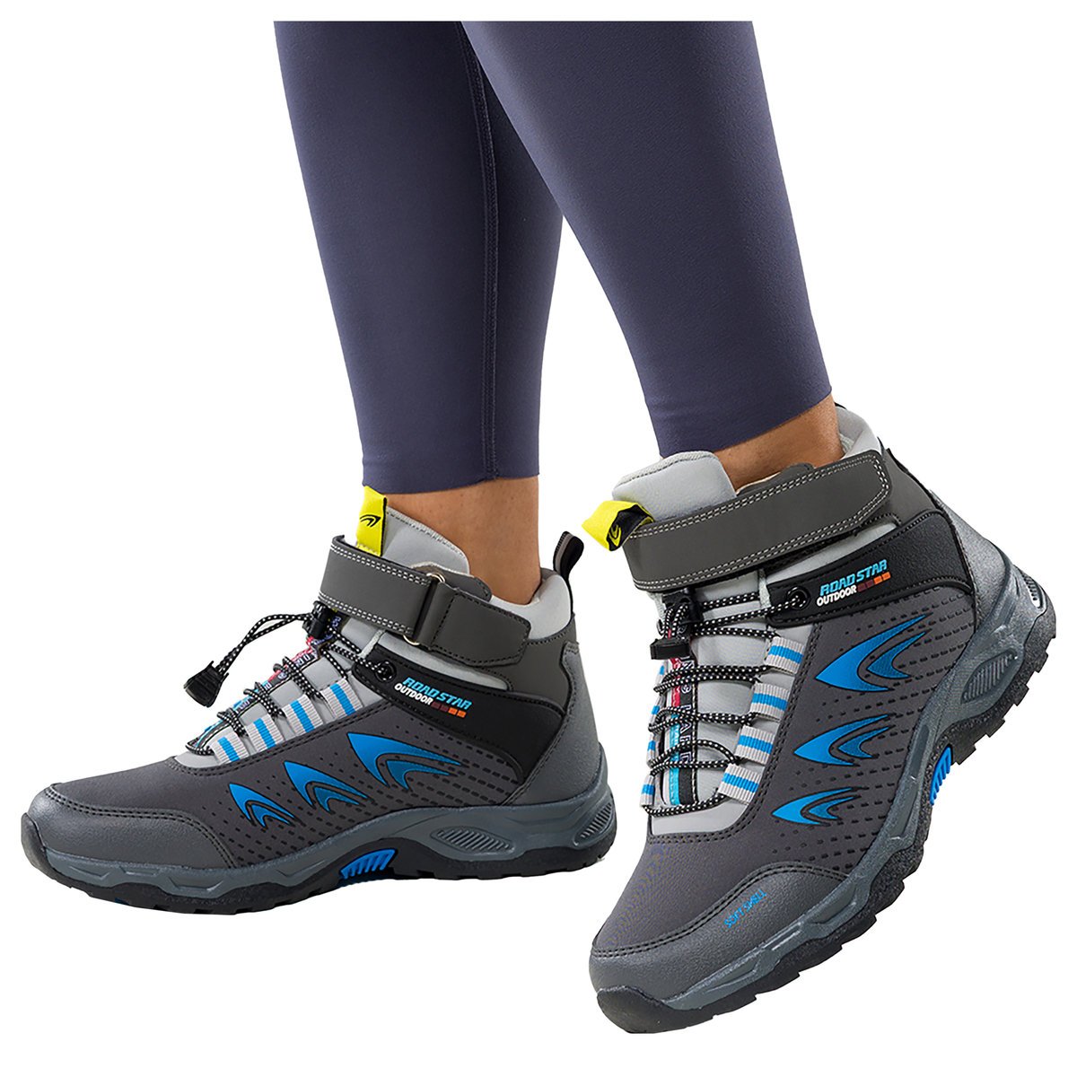 Szare buty trekkingowe damskie na bieżnikowanej podeszwie z regulowaną elastyczną sznurówką niebieskie wstawki softshell Casu 2310-6W-41