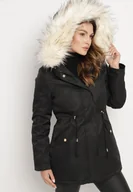 Kurtki damskie - Czarno-Beżowa Kurtka Parka z Futerkowym Odpinanym Zdobieniem przy Kapturze Inellae - miniaturka - grafika 1