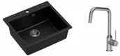 Zlewozmywaki z baterią - Quadron Zlewozmywak granitowy jednokomorowy 57*50*22 cm MORGAN 110 PURE CARBON czarny ze stalowym odpływem z baterią NATALIE Q LINE kolor stal szczotkowana - miniaturka - grafika 1