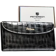 Portfele - Portfel damski na karty PETERSON elegancki lakierowany duży na zatrzask i suwak szary - miniaturka - grafika 1