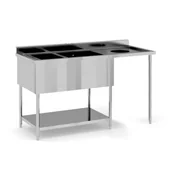 Stoły gastronomiczne - Stół do mycia ze stali nierdzewnej, 2 zlewozmywaki, otwór odpływowy, 1500 x 610 x 850 mm - miniaturka - grafika 1