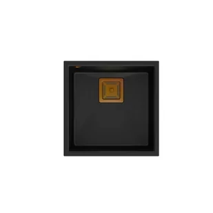QUADRON Zlewozmywak granitowy jednokomorowy podwieszany 42 42 22,5 cm DAVID 40 Very Black czarny mat z miedzianym odpływem HQD4242U7-C1 - Zlewozmywaki - miniaturka - grafika 1