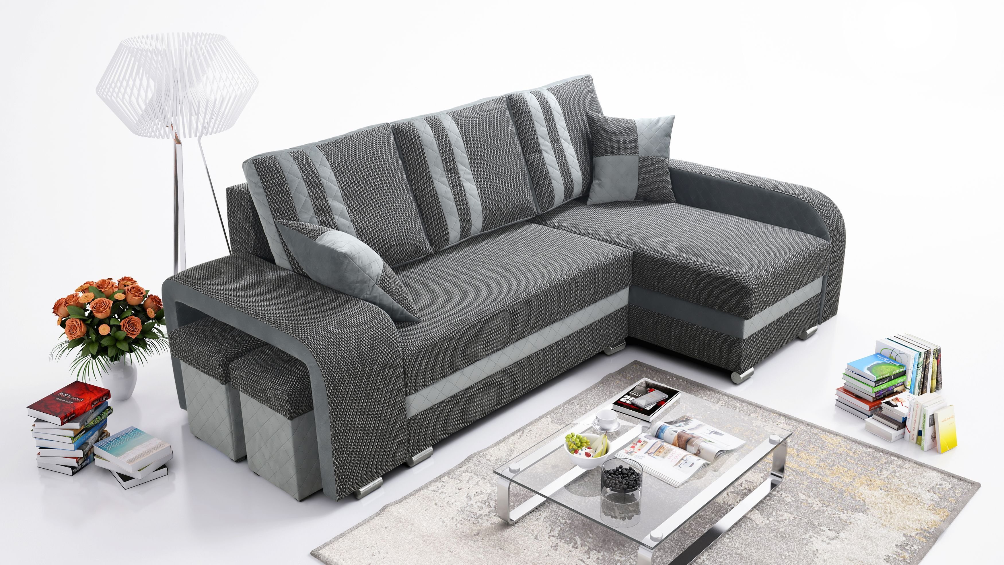 Robin York sofa narożna z funkcją spania 2x pojemnik na pościel 2x małe poduszki 2x taboret Sofa Sofa w kształcie litery L Wolnostojąca sofa narożna Meble do salonu Krajobraz salonu prawy Szary