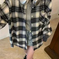 Koszule damskie - TEMU Koszula Z Kołnierzykiem Polo Z Nadrukiem W Szkocką Kratę, Swobodna Koszula Z Długimi Rękawami Na Wiosnę I Jesień, Odzież Damska - miniaturka - grafika 1